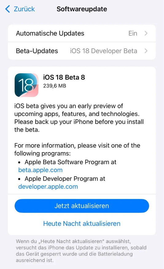 张家川苹果手机维修分享苹果 iOS / iPadOS 18 开发者预览版 Beta 8 发布 